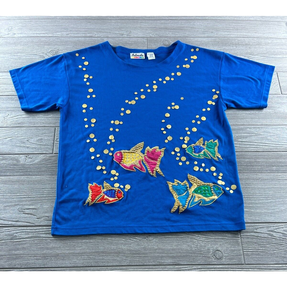 VTG Arlando Women's Blue Sequin Embroidered Fish Graphics Crew Neck Tee Large